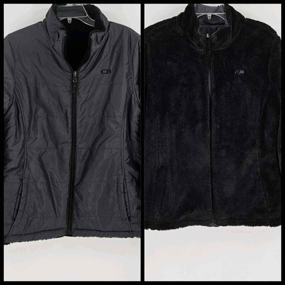 CB Womens Black Faux Fur Reversible to Gray Jacket Zip Front w/Pockets Sz L